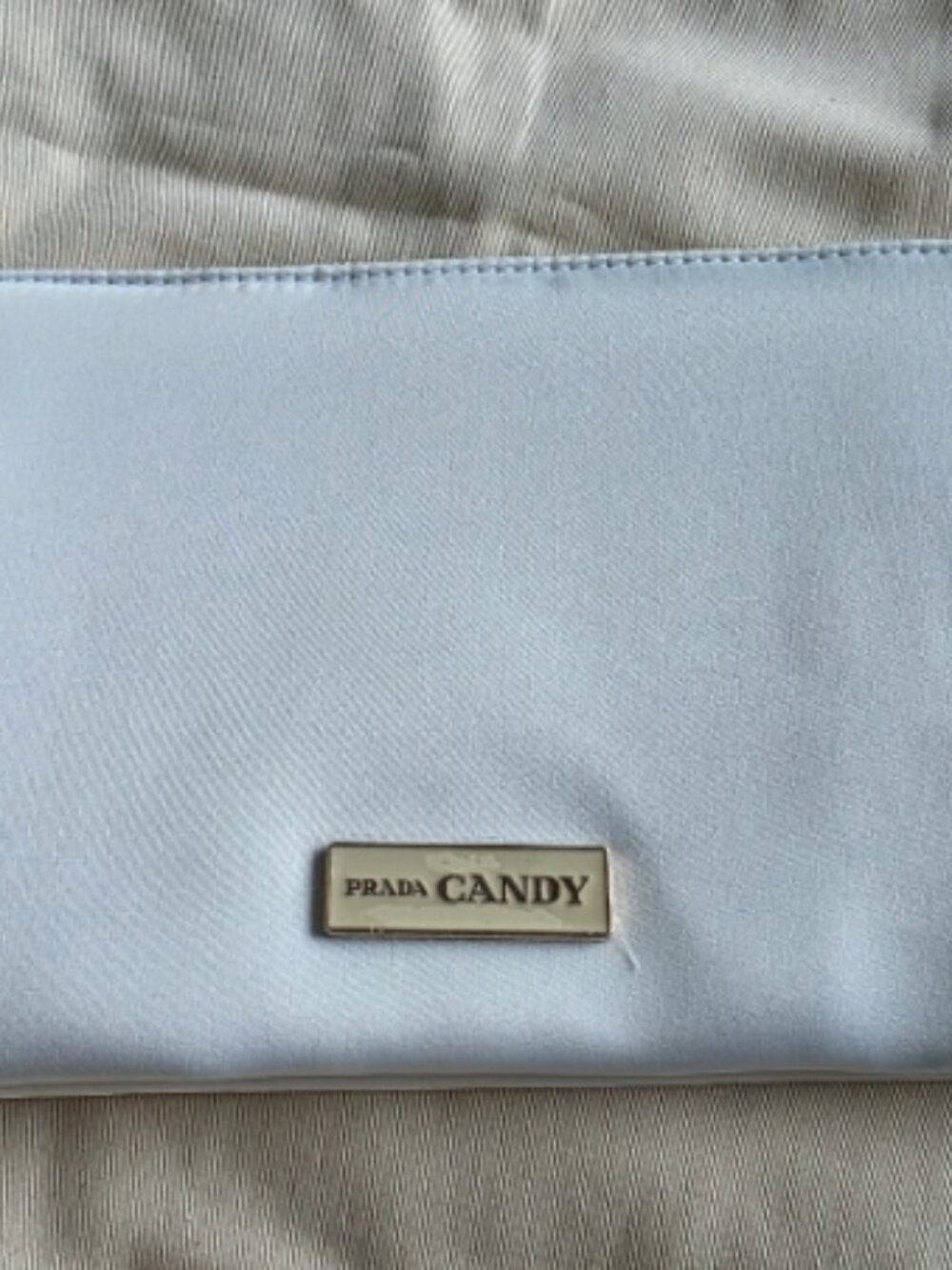 Prada Candy Parfums White Double Zip Cosmetic Makeup Pouch Bag Gold Logo Pouch